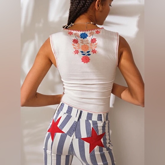 Free People Firecracker Striped Star High Waisted Flare Leg Stretch Denim Jeans - Picture 6 of 8